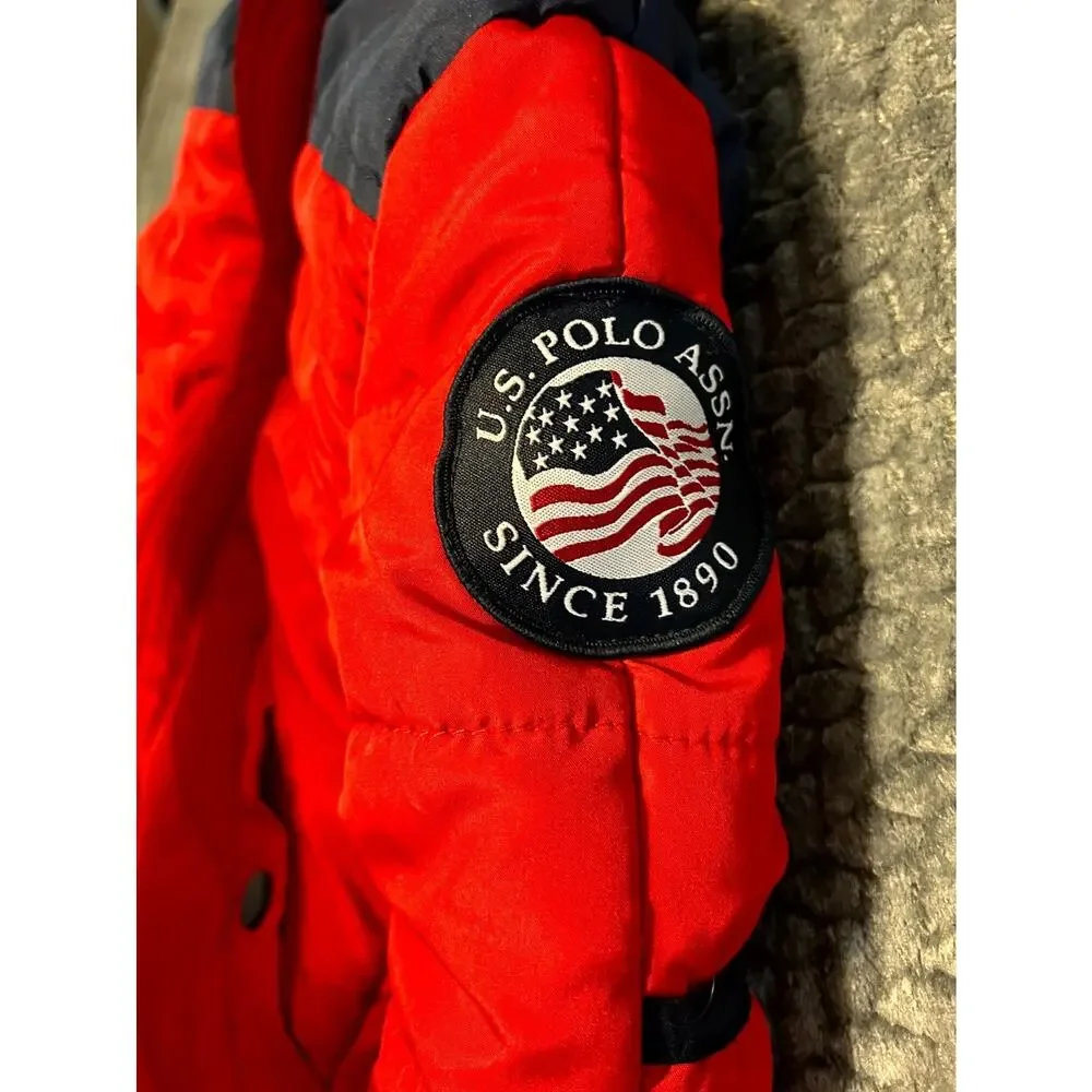 US Polo Assn. Puffer Snowsuit Baby Kids 12M Navy Red Fleece Lined Hooded Zip-Up
